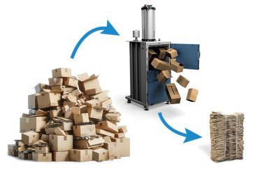 Före och efter komprimering av kartong i balpress