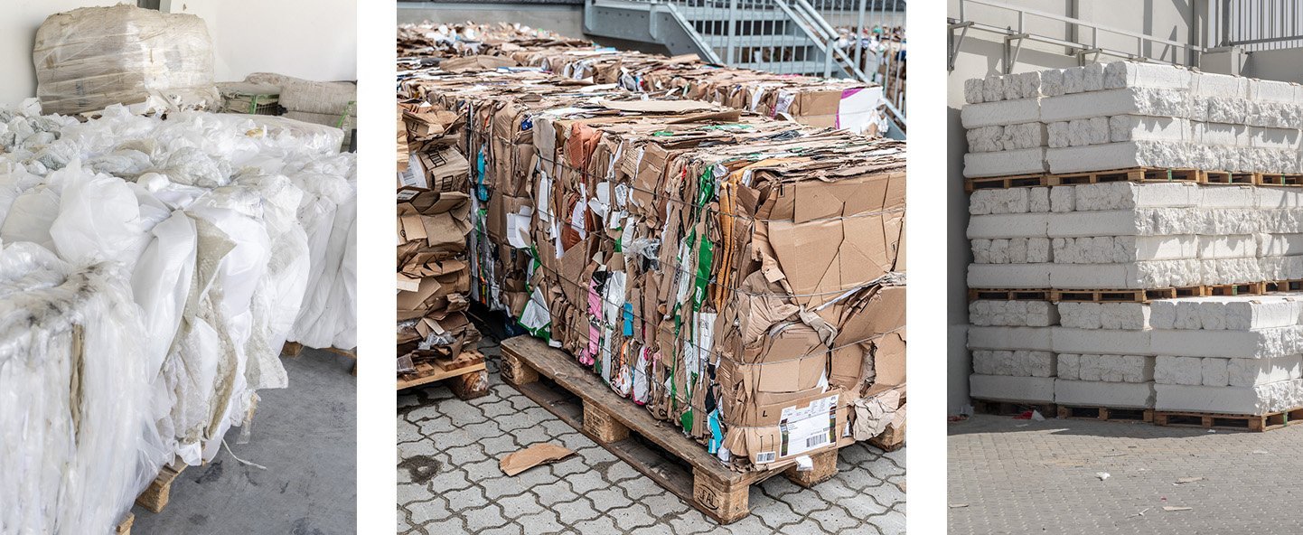 komprimerad kartong, plast och frigolit