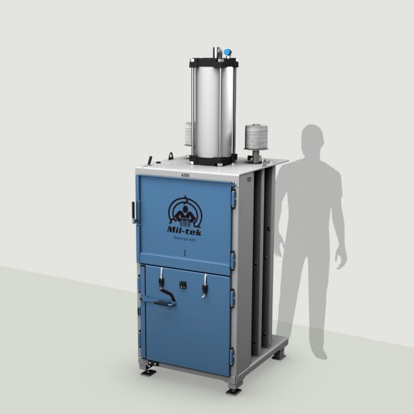 A305-2026-papperspress-plastpress-blå-maskin-grå-bakgrund